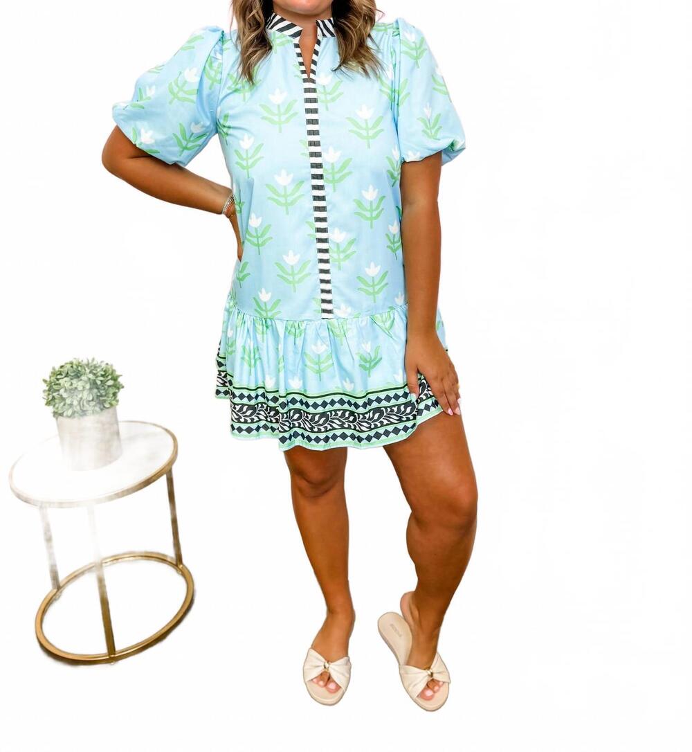 NEW TCEC madelyn mini dress in blue, green, and white